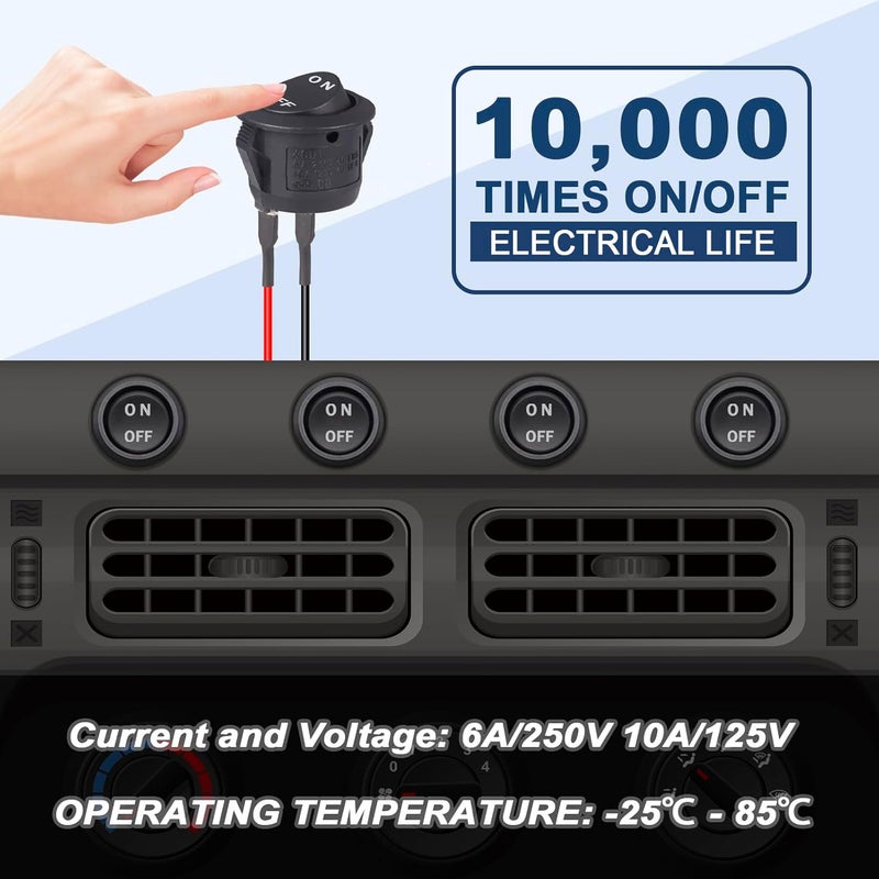 VEXUNGA ON Off Round Rocker Switch 12V Switches Small Mini Toggle Switch 12Volt 2Pin AC 6A 250V 10A 125V 12VDC KCD1 Black for Car Automotive Boat (5Pcs with Leads 5Pcs Without Wires) - Image 5